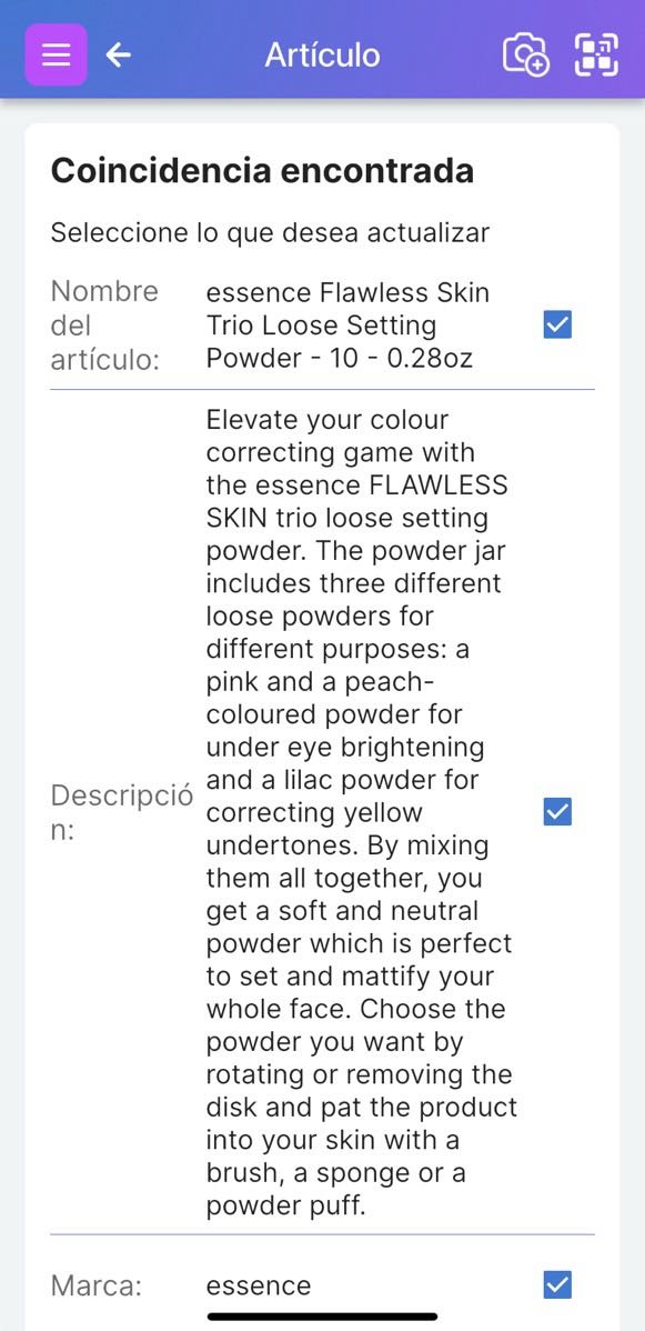 Imagen de los resultados del escaneo de UPC. Muestra casillas de verificación junto a los atributos, incluidos el nombre del artículo, la marca, el número de modelo, otros campos, incluido un menú desplegable de información de precios de diferentes proveedores