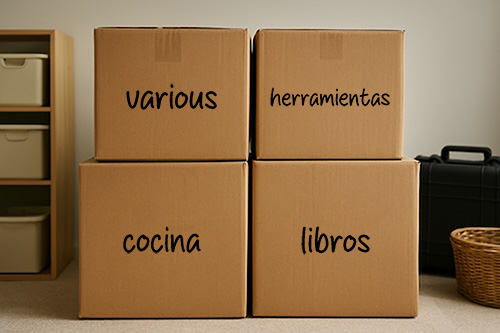 Cajas con etiquetas de categorías de artículos