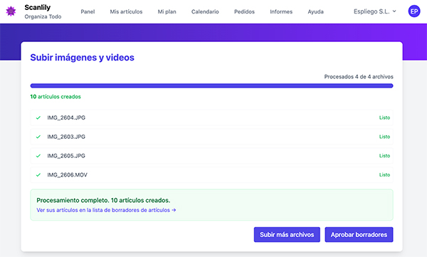 Procesamiento de carga completo que muestra 16 artículos creados a partir de 5 archivos, con un enlace a la Lista de artículos en borrador