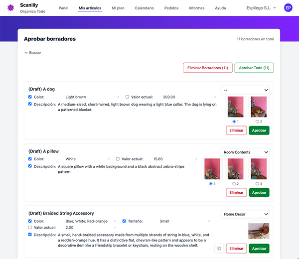La página Aprobar borradores que muestra artículos reconocidos por la IA con descripciones, valores y fotos listos para su revisión