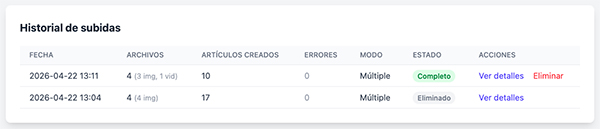 Historial de subidas que muestra lotes anteriores con fechas, recuentos de archivos, estado y opciones para ver detalles o eliminar