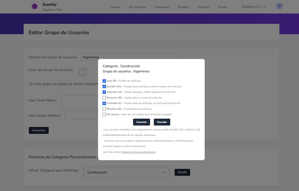 Shows popup for selecting usage rights for the group