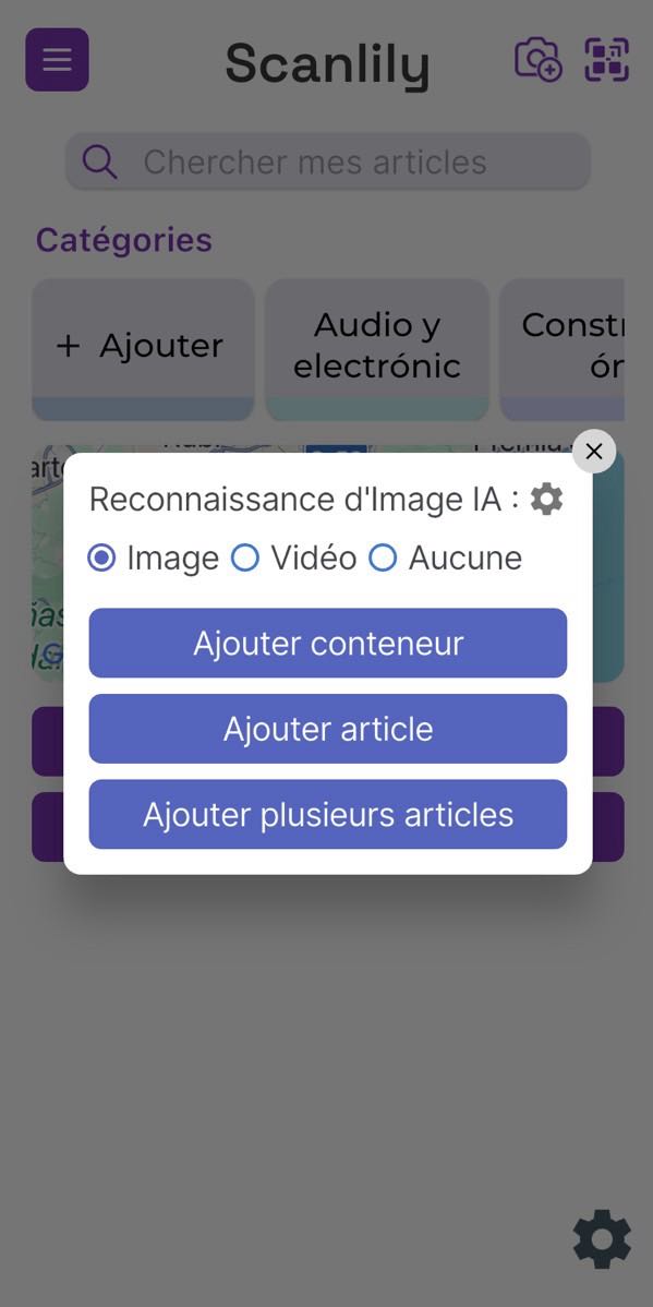 Options contextuelles de Scanlily pour ajouter un article avec ou sans IA