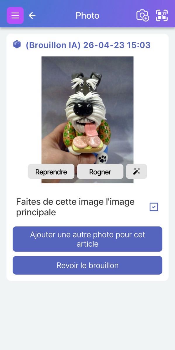 Écran Scanlily qui s'affiche après avoir pris une photo d'un article. Il offre des options pour prendre plus de photos, ajouter un autre article ou revoir le brouillon de l'article
