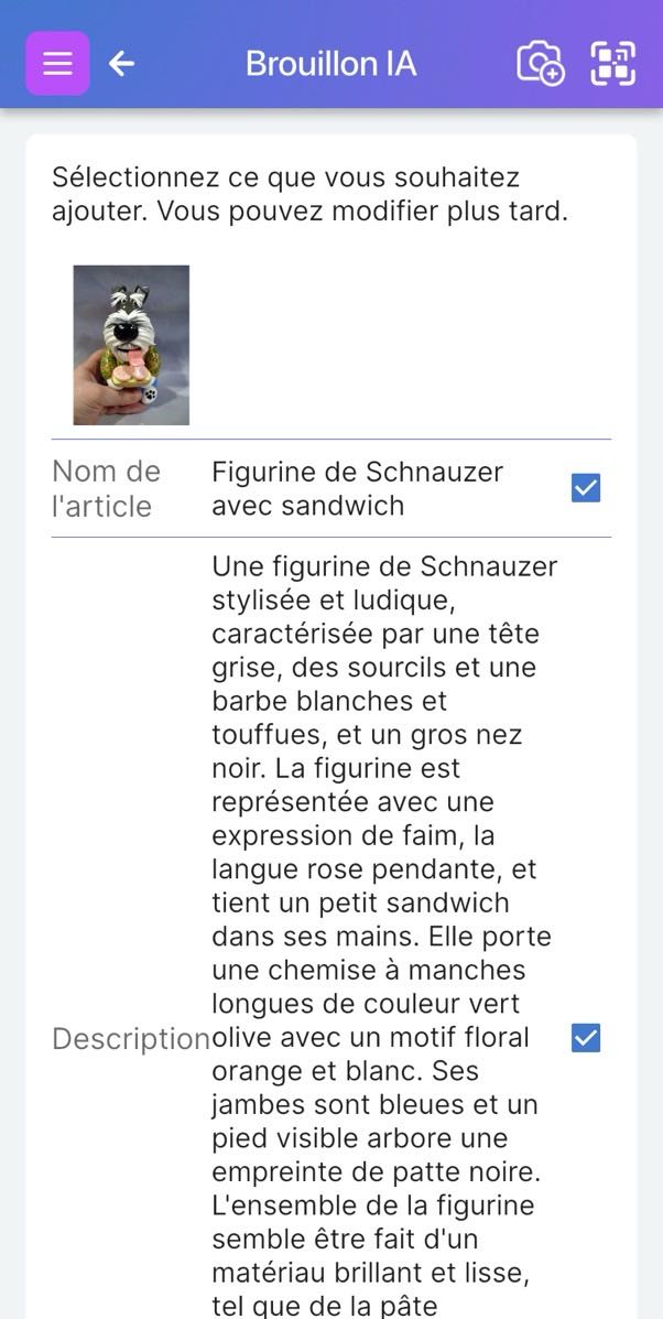 Écran de brouillon d'article IA qui affiche des champs avec des cases à cocher pour permettre de sélectionner les recommandations à conserver et celles à ignorer.