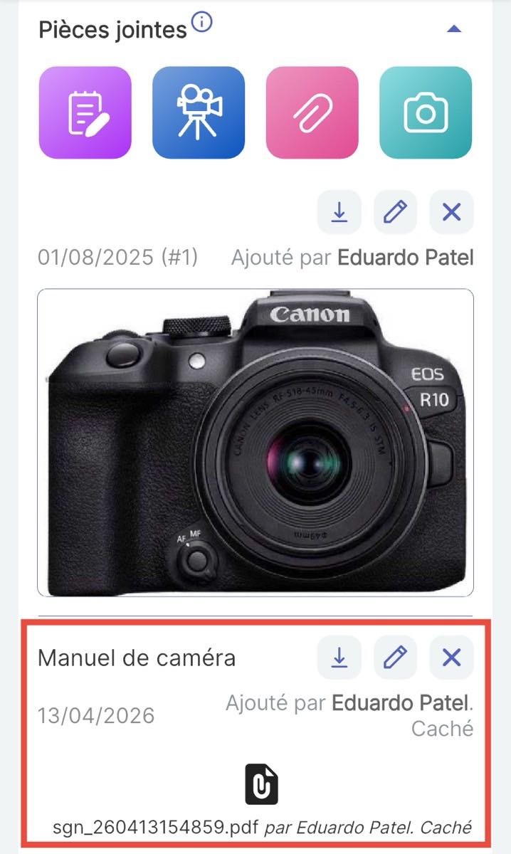 Écran d'article montrant une pièce jointe d'article