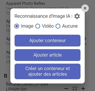 Fenêtre contextuelle des options de reconnaissance d'image IA
