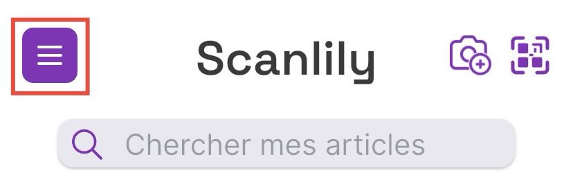 Icône du bouton de menu mise en évidence en haut de l'écran de l'application Scanlily.