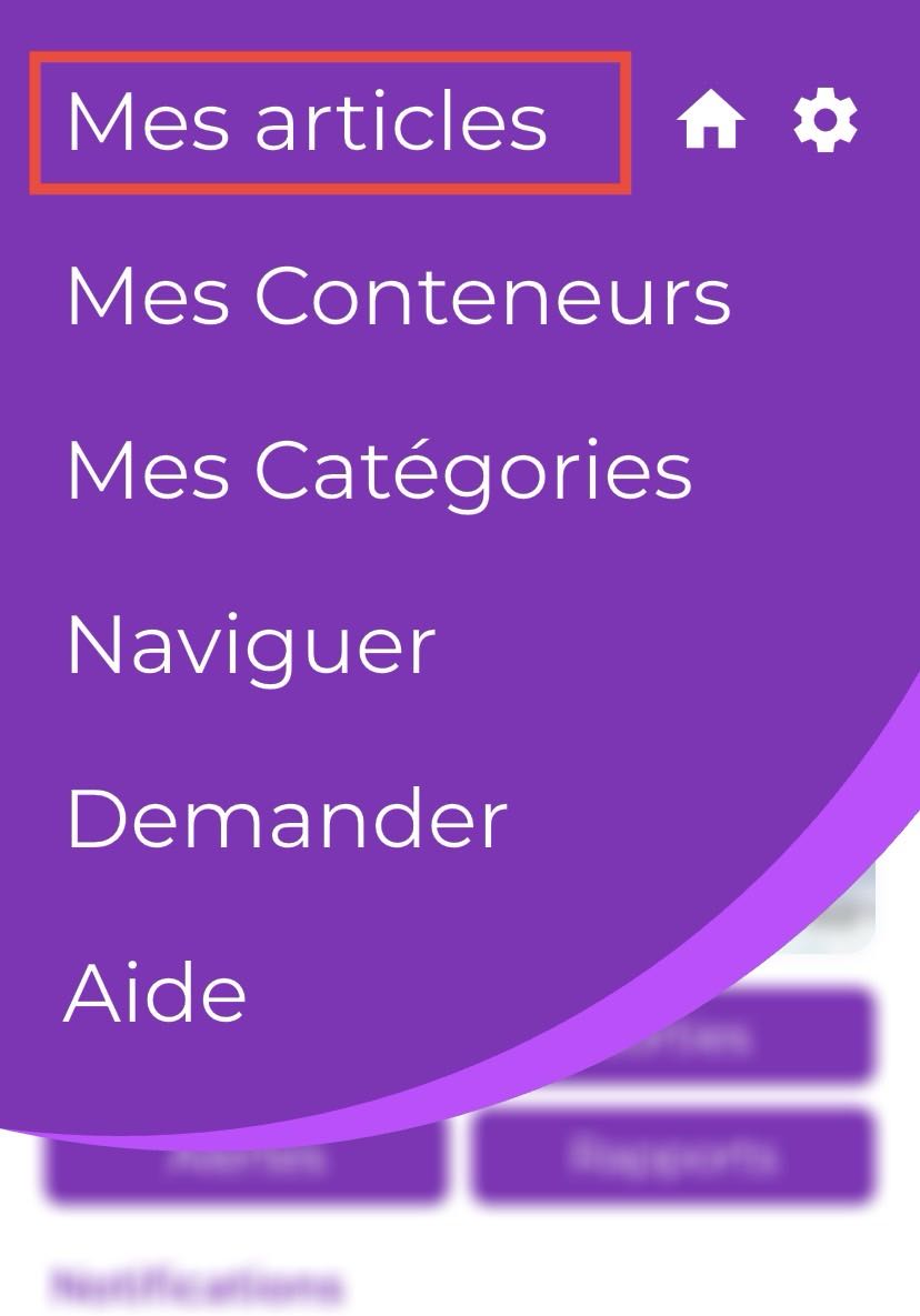 Menu de l'application Scanlily ouvert avec "Mes articles" sélectionné