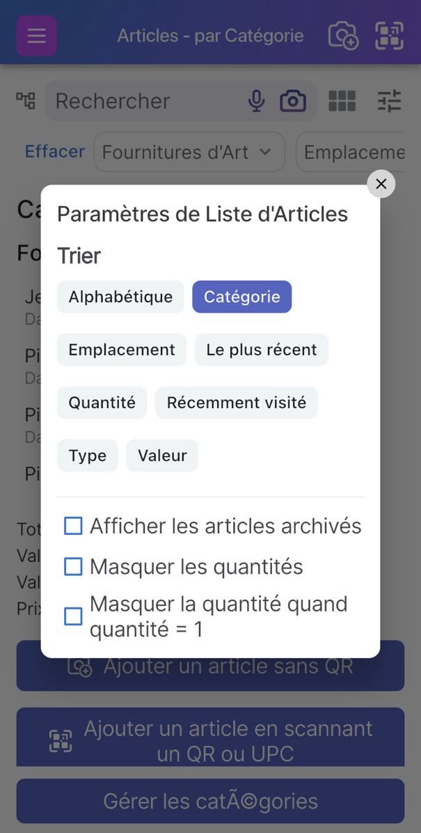Options de tri affichées sur l'écran de la liste des articles