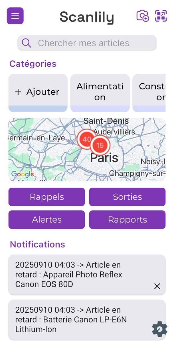 Écran du tableau de bord de l'application Scanlily