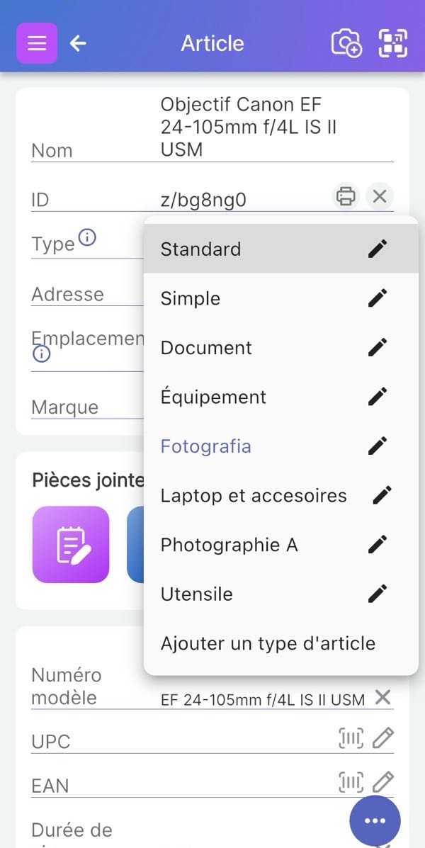 Écran d'article avec "Type d'article" cliqué, affichant la liste des types d'article possibles définis par l'utilisateur.