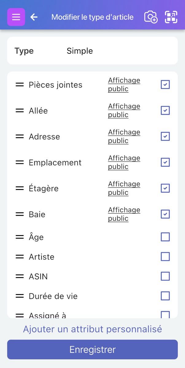 Écran d'édition du type d'article avec les champs cochés et non cochés affichés.