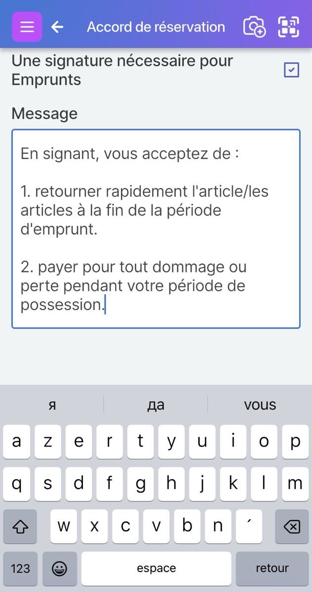 Écran pour modifier l'accord de réservation.