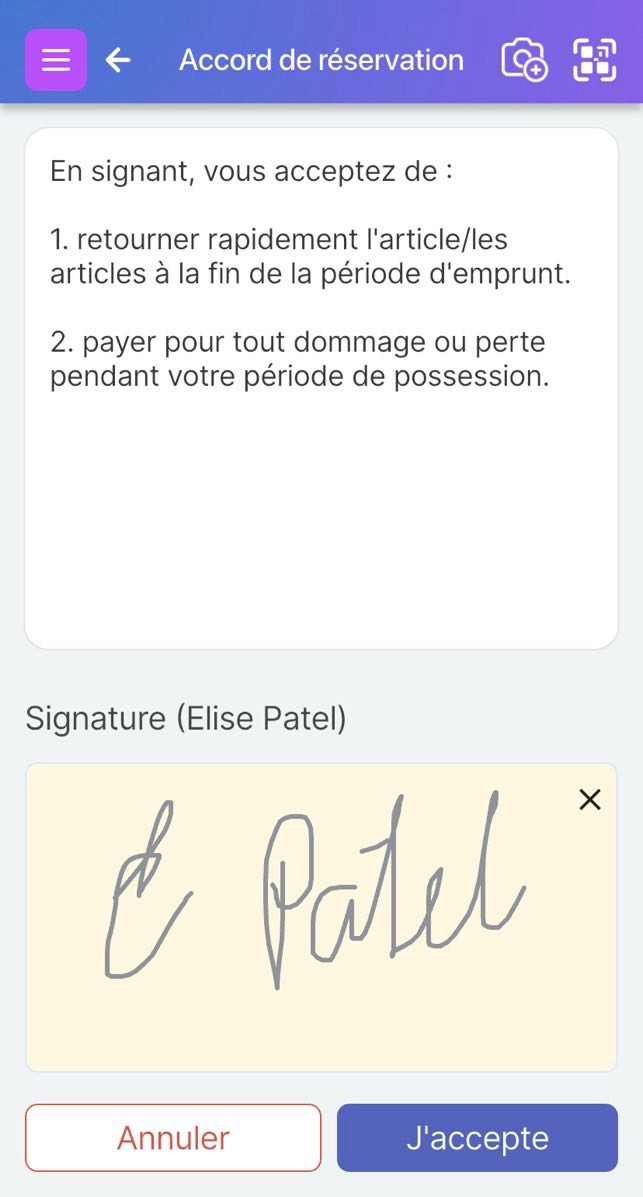 Écran de confirmation de signature pour l'accord de réservation affiché lors de la réservation d'un article.