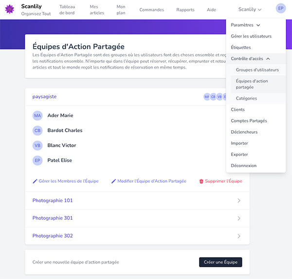 Page de gestion d'équipe sur le site web de l'utilisateur.