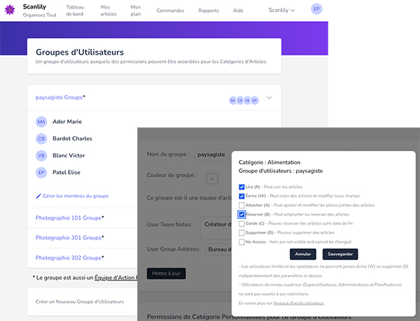 Page de définition du groupe d'utilisateurs sur le site web de l'utilisateur.