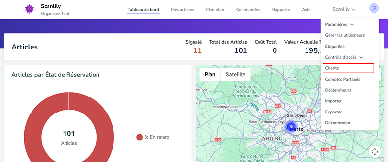 Menu de profil du site web utilisateur Scanlily étendu avec l'option Clients mise en évidence dans un cadre rouge