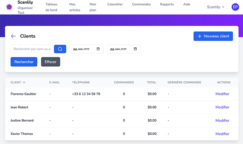 Liste de clients affichant trois clients avec des colonnes pour le nom, l'e-mail, le téléphone, les commandes, le total, la dernière commande et les actions d'édition