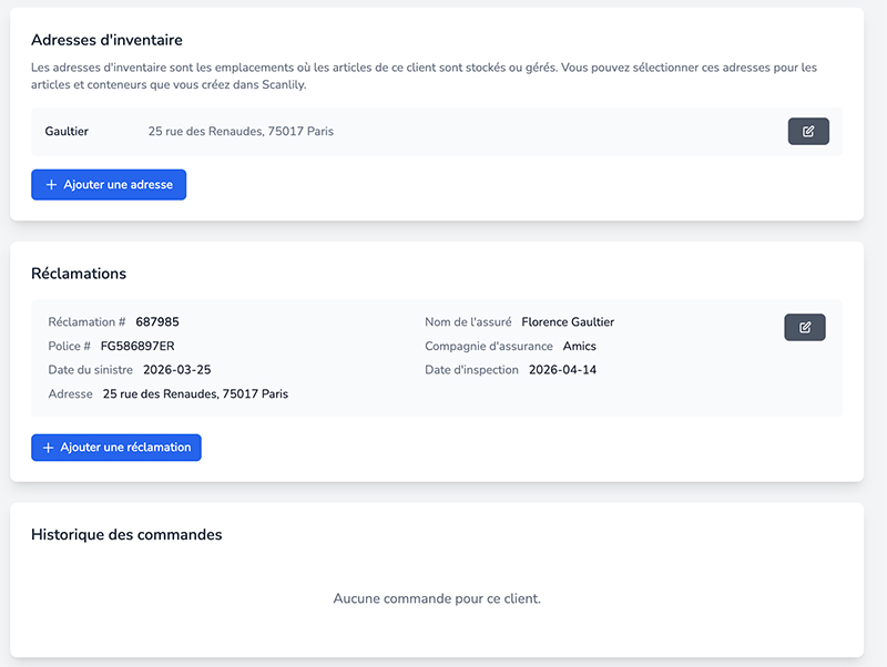 Section inférieure de la page de détails du client affichant les adresses d'inventaire avec une adresse, une section de réclamations avec les détails de la réclamation et une section vide de l'historique des commandes