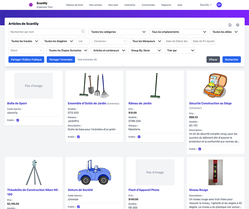 Vue de l'inventaire affichant les articles en mode grille