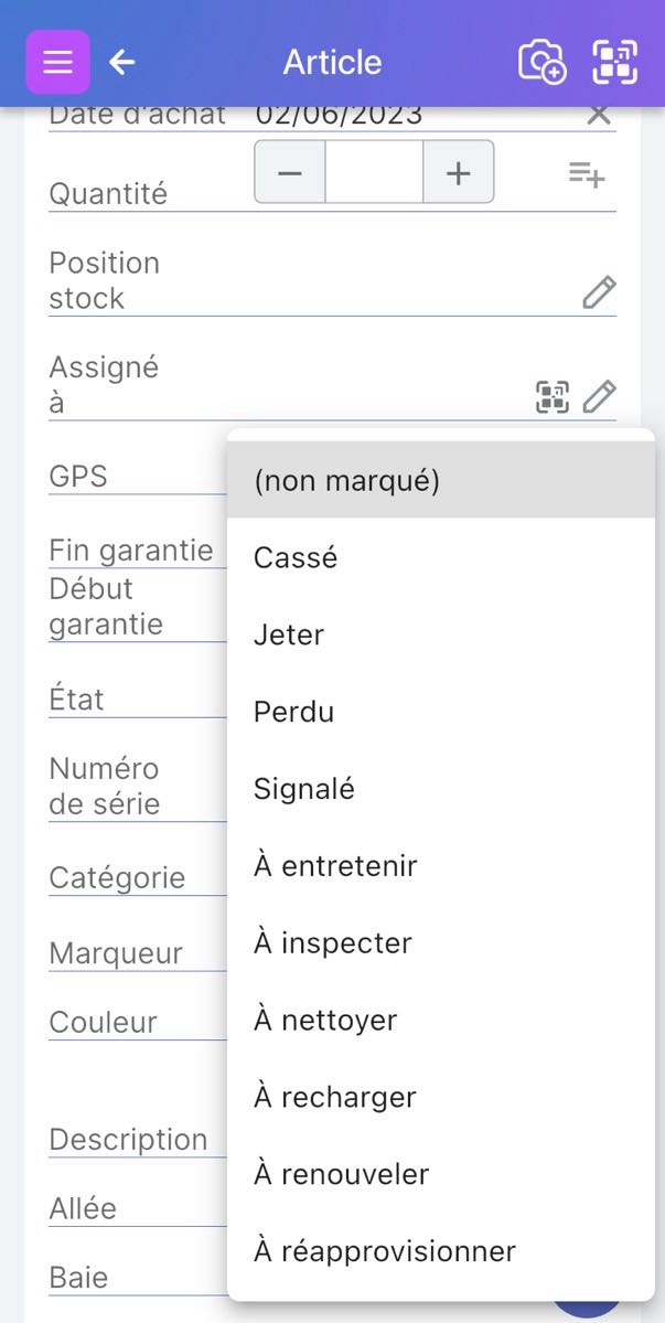 Menu déroulant Scanlily affichant les valeurs de drapeau par défaut : Cassé, Jeter, Signalé, Perdu, À recharger, À renouveler, À entretenir, À réapprovisionner