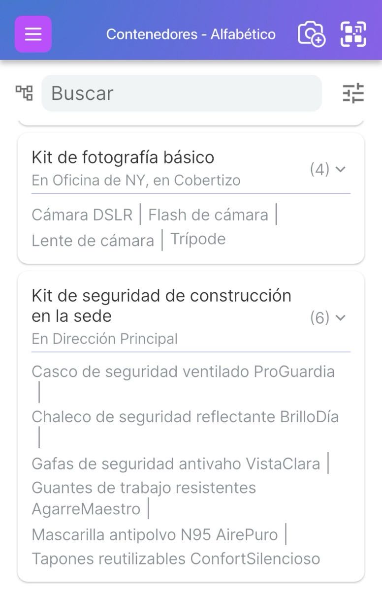 Pantalla de lista de contenedores que muestra el kit de seguridad para la construcción