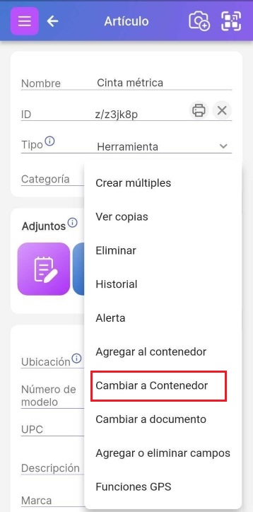 Imagen del menú inferior derecho abierto con "Cambiar a contenedor" resaltado