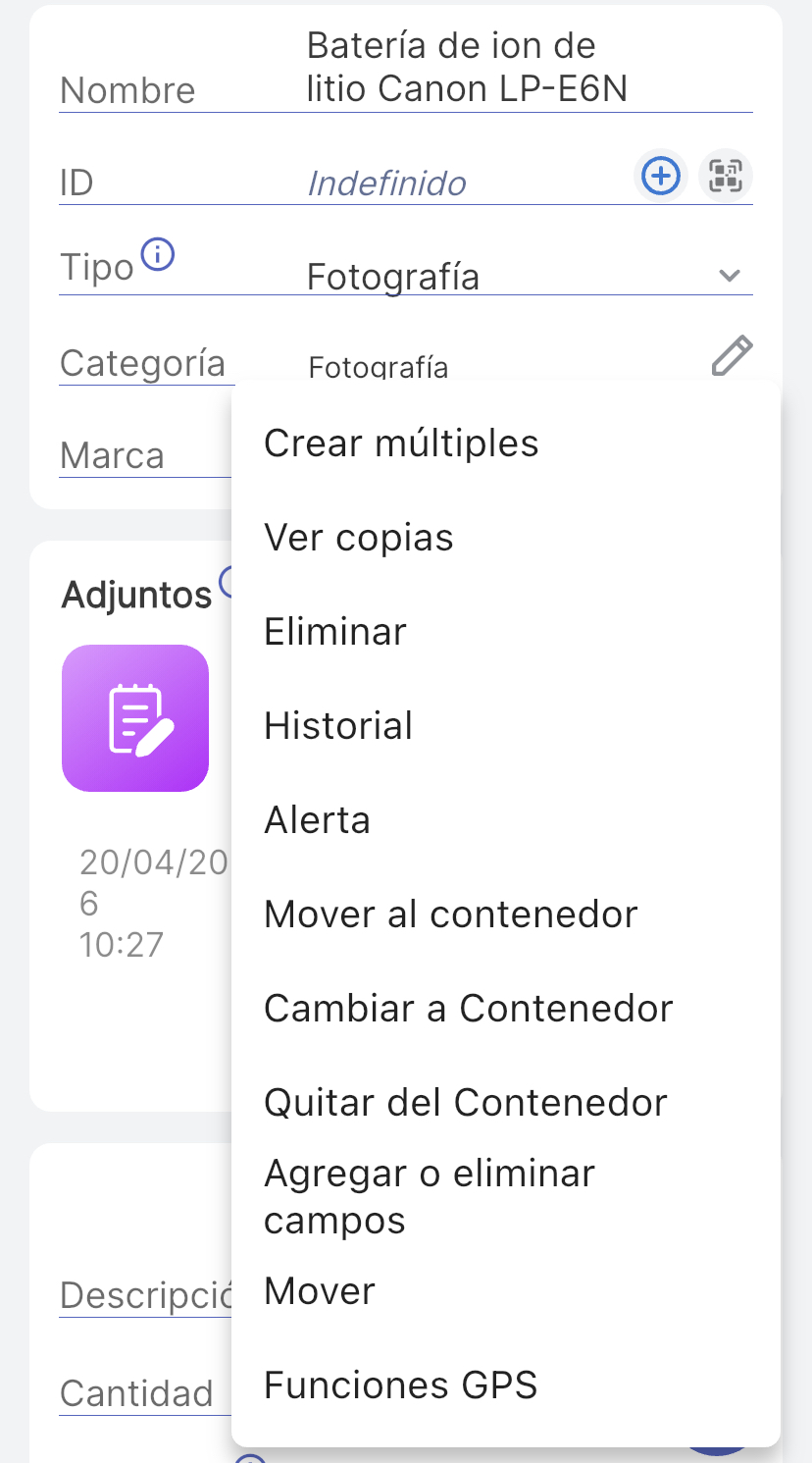 Opciones del menú de artículos
