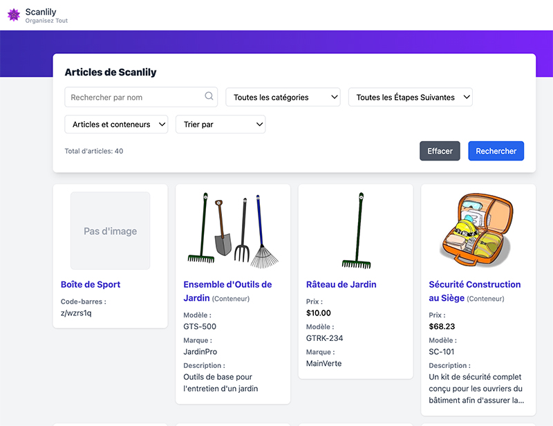 Vue d'inventaire partagé externe avec personnalisations appliquées