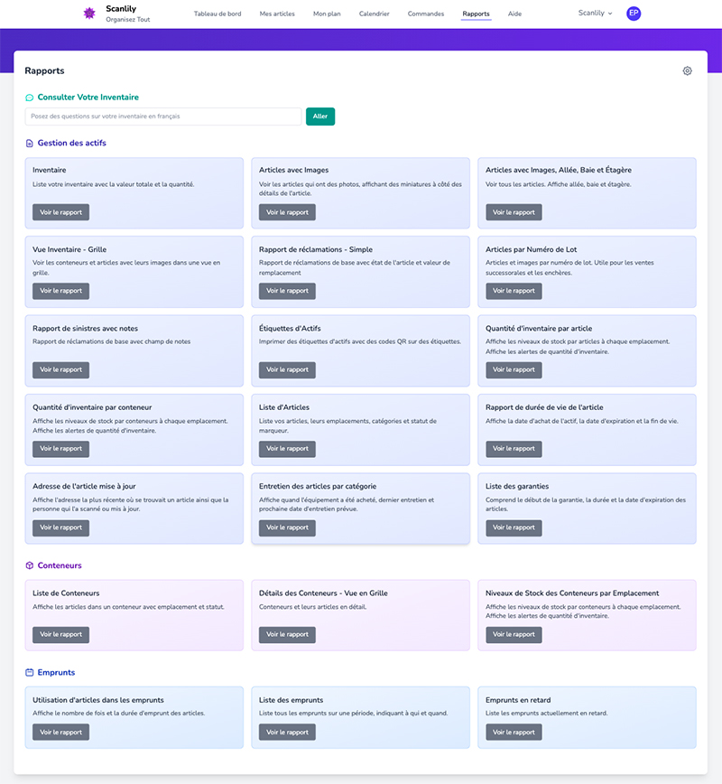 Menu de rapports sur le site web de l'utilisateur