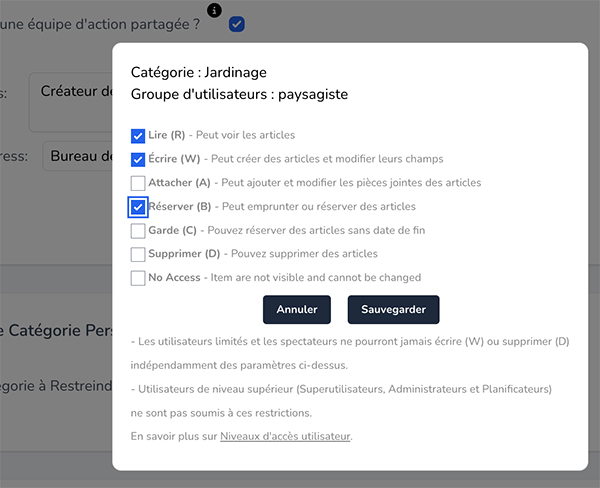 Affiche une fenêtre contextuelle pour sélectionner les droits d'utilisation pour le groupe