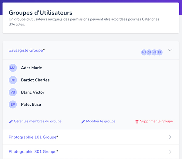 Page de gestion des membres du groupe d'utilisateurs