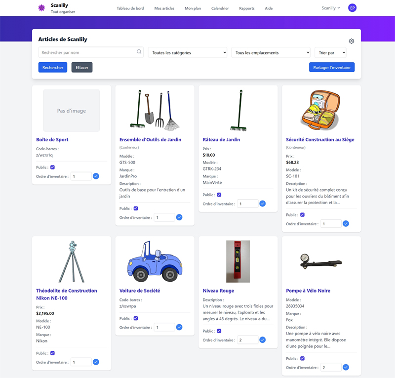Page HTML de navigation dans l'inventaire affichant les articles avec des images