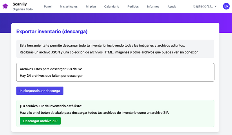 Página de Exportación de Inventario con botón Actualizar Archivos