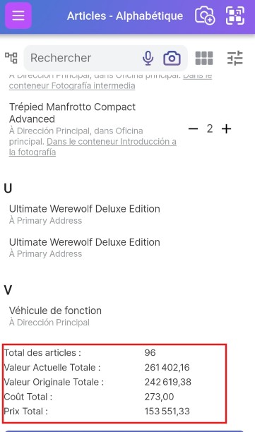 Totaux de quantité, prix et coût des articles au bas de la page de liste des articles