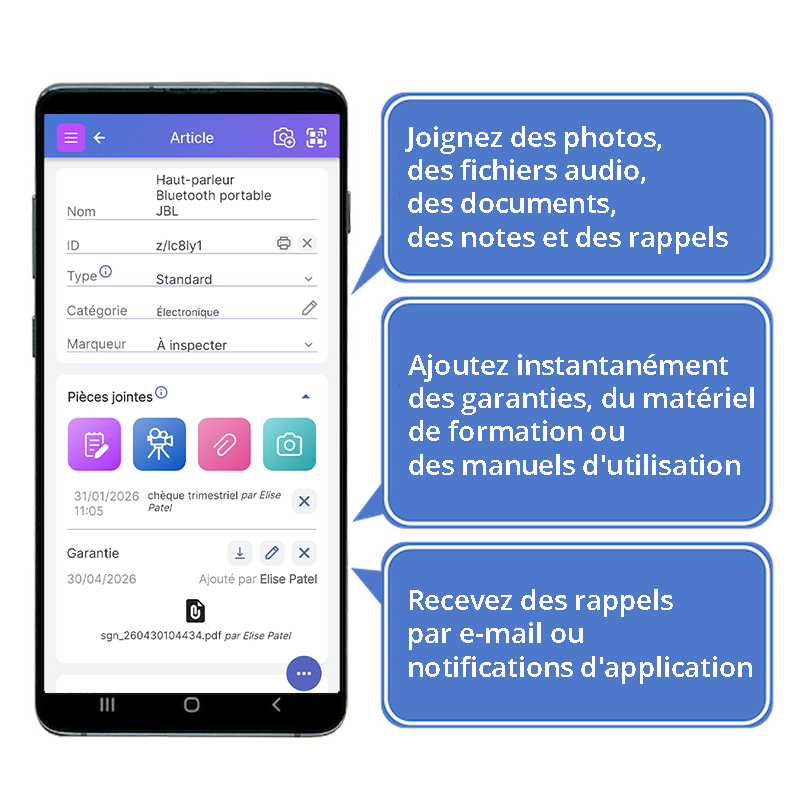 Écran d'article Scanlily avec des mots superposés décrivant où joindre des photos, comment afficher les pièces jointes et où voir les rappels
