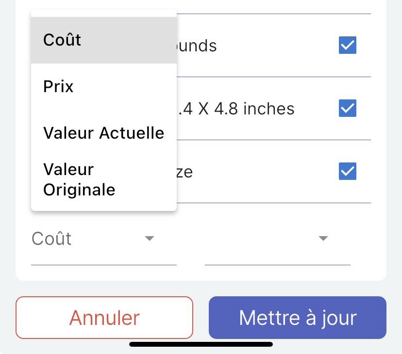 Menu déroulant en bas avec quatre valeurs : coût, prix, valeur actuelle et valeur d'origine