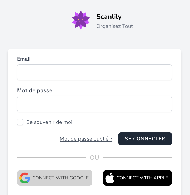 Affiche l'e-mail et le mot de passe pour https://s.scanlily.com/login. Affiche également les options Se connecter avec Google et Se connecter avec Apple pour https://s.scanlily.com/login