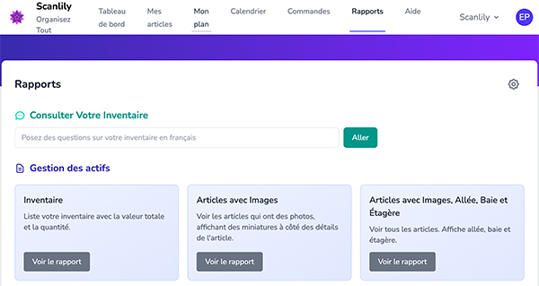 Élément de menu Rapports sélectionné dans la navigation