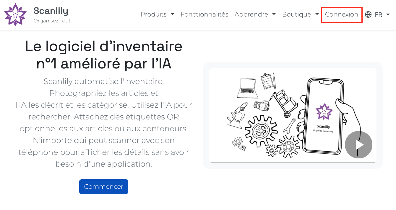 Site web Scanlily avec le bouton de connexion mis en évidence