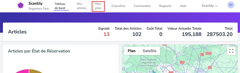 Site web utilisateur Scanlily avec la section "Mon Plan" mise en évidence