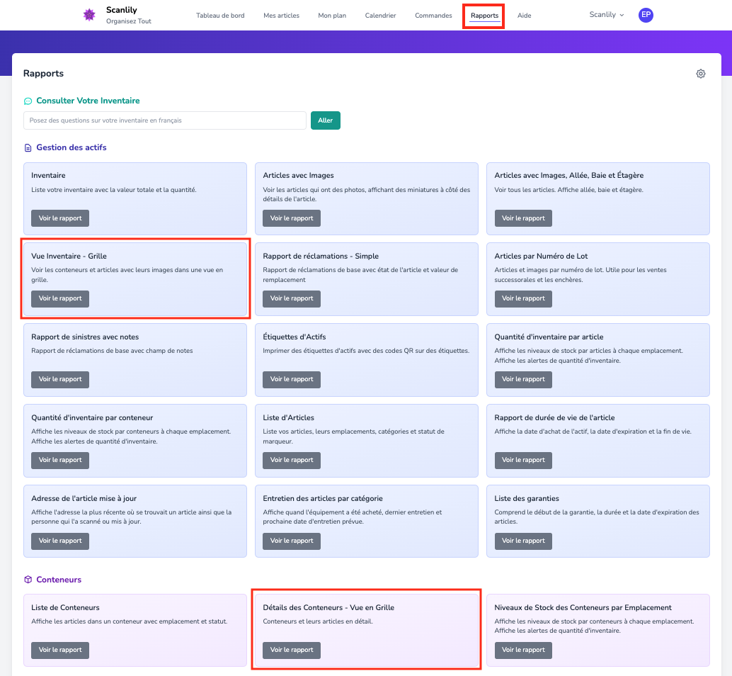 Liste de rapports avec deux rapports mis en évidence : "Liste d'inventaire avec images" et "Conteneur avec images et coûts"