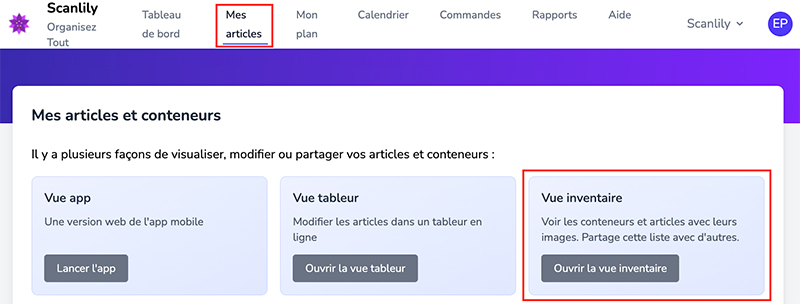 Sélection de l'option Vue de l'inventaire dans la section Mes articles du site web utilisateur