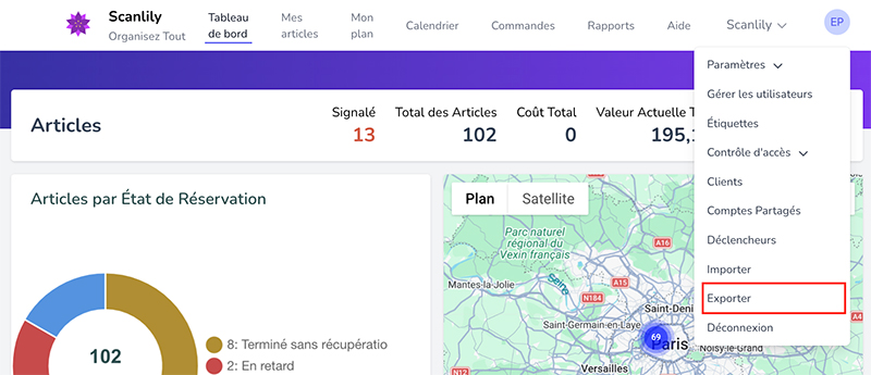 Option d'exportation dans le menu supérieur droit du site web de l'utilisateur