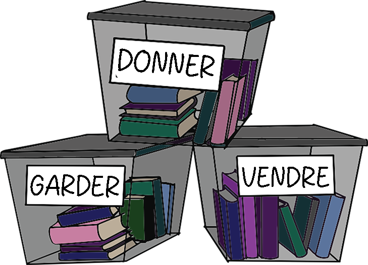Boîtes étiquetées "Donner", "Garder" et "Vendre"