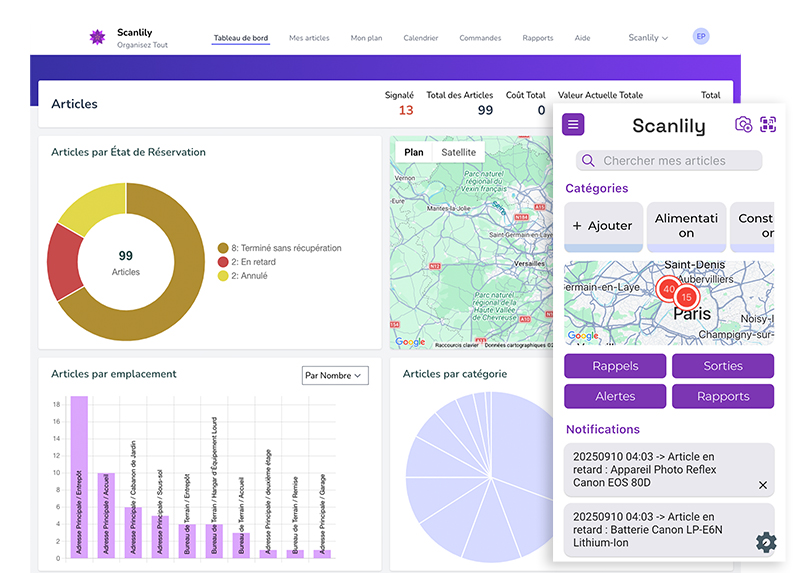 both_dashboards.png Tableau de bord web Scanlily affichant la quantité totale, le coût et la valeur des articles. Il présente également quatre rapports graphiques : Articles par statut de réservation, une carte des emplacements des articles, Articles par emplacement et Articles par catégorie. Contient également l'image du tableau de bord mobile de Scanlily montrant la carte des articles, le bouton Rappel, le bouton Ramassage et une liste de notifications, telle qu'une notification indiquant qu'une batterie au lithium a atteint son délai de remplacement de 3 ans.