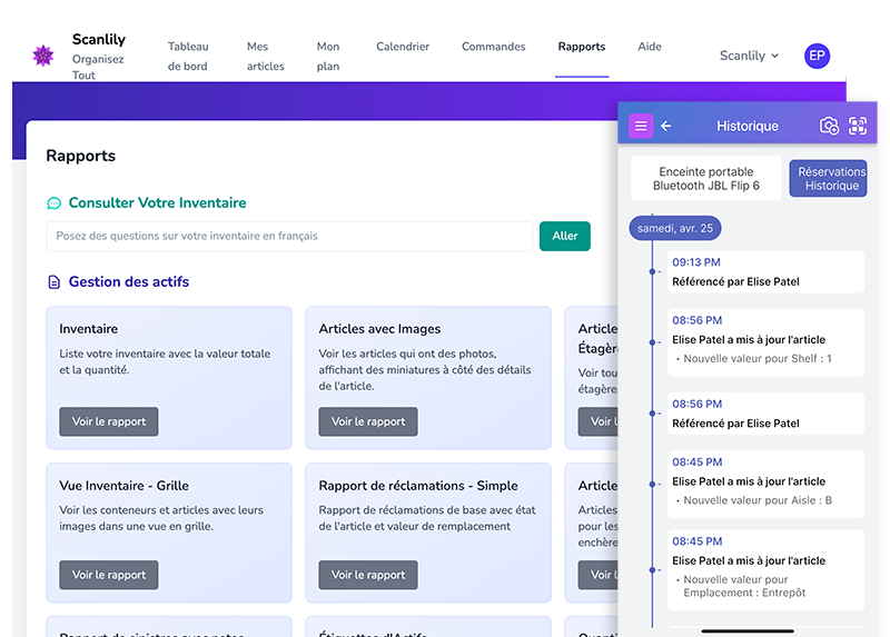 Menu de rapports du site Web utilisateur Scanlily à côté de la vue de l'historique mobile Scanlily