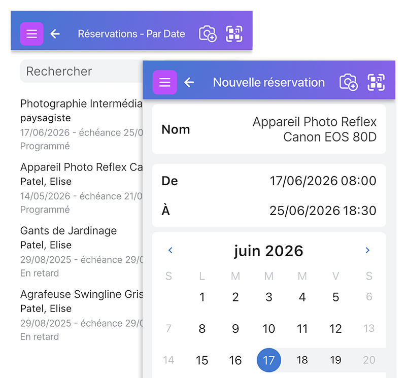 Captures d'écran de la création d'une réservation sur le système de réservation de Scanlily et d'une liste des réservations actuelles et en retard.