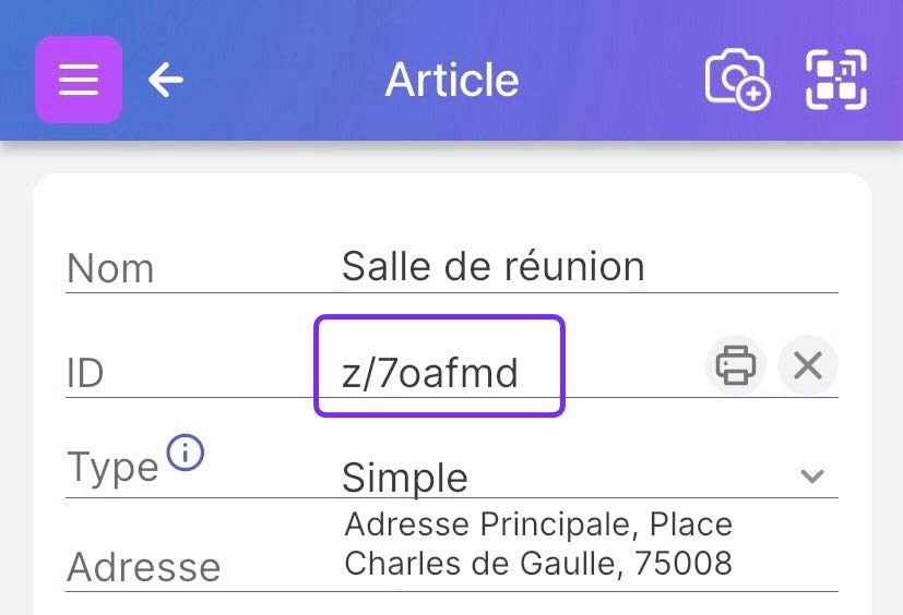 Code QR Scanlily mis en évidence sur l'écran Article dans le champ ID